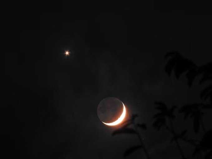 A night sky photograph showing a crescent moon with earthshine, a bright star/planet nearby, and silhouetted tree branches on the right.