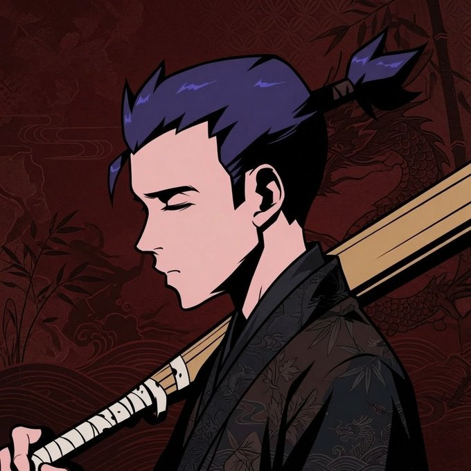 A young man wearing a black kimono holds a wooden sword, standing next to a dragon depicted in red and gold colors with wings spread wide, against an abstract background filled with clouds, dragons, and other elements of fantasy art style.