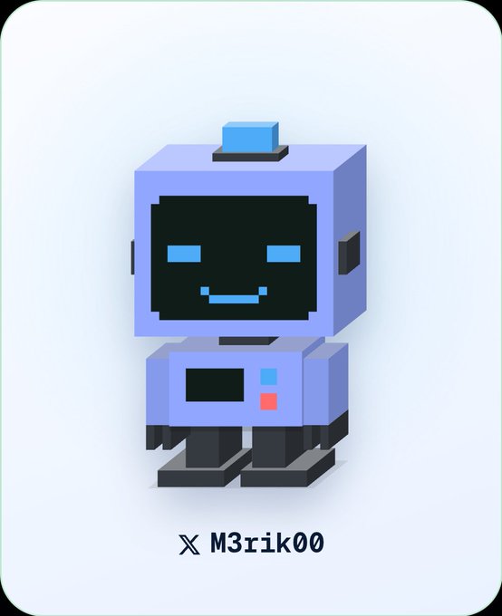 A blue voxel robot NFT character card labeled 'X M3rik00' with a smiling face display, shown with a light gradient background.