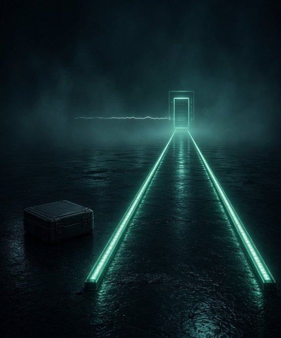 A glowing neon pathway leads to a distant portal while a metal briefcase sits off to the side—symbolizing the Agentics design where the credit agent (the pathway) only generates trading signals, while the actual capital (the briefcase) remains under project control and is never handed to the agent.