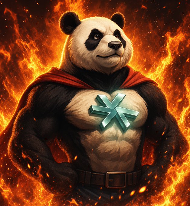 A digital illustration of a muscular panda superhero wearing a red cape and a glowing teal asterisk emblem on its chest, set against a fiery background.