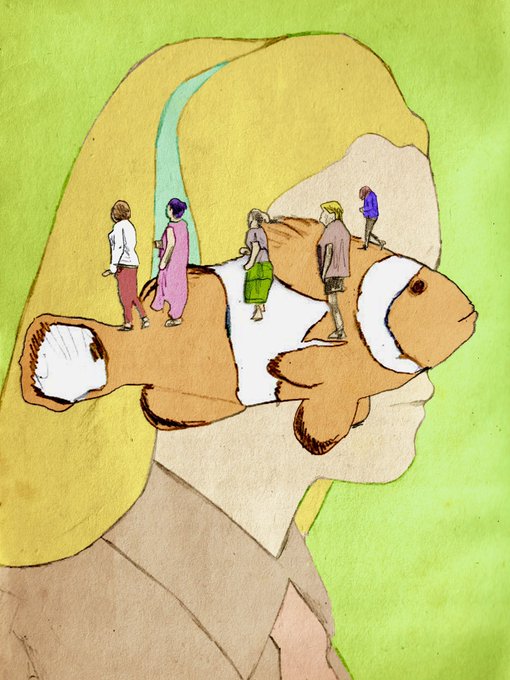 A watercolor-style illustration depicting a person's profile in silhouette, with a guinea pig superimposed as their 'thoughts' being ridden by several small human figures carrying various items.