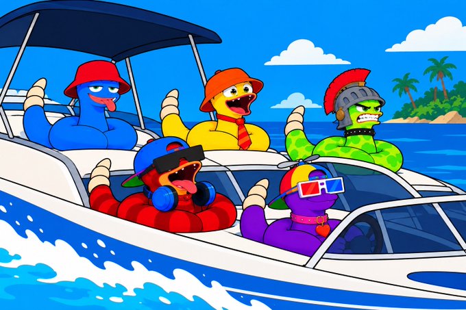 A colorful cartoon illustration of five anthropomorphic characters wearing hats and sunglasses riding a speedboat across bright blue water toward a tropical island.