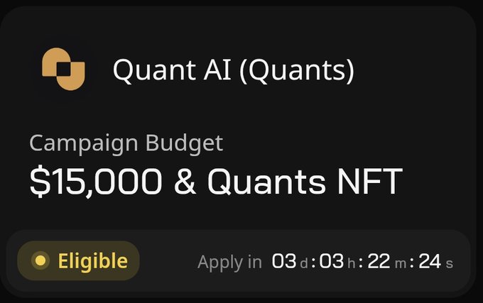 A dark-themed campaign card displays "Quant AI (Quants)" with a Campaign Budget of "$15,000 & Quants NFT," showing an "Eligible" status badge and a countdown timer of 03 days, 03 hours, 22 minutes, 24 seconds remaining to apply, directly illustrating the post's announcement of a $15,000 Wallchain Select campaign with Quants offering a free mint whitelist spot for the NFT Quants collection.