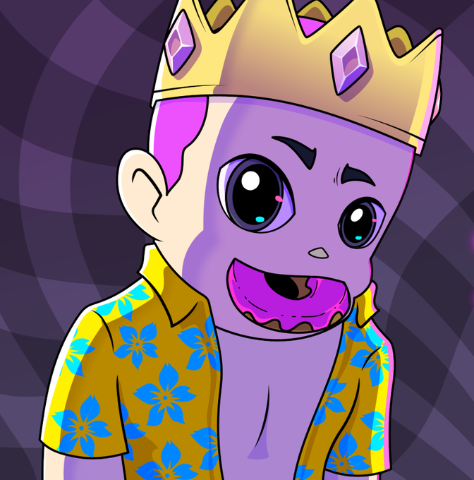 A cartoon illustration of a character with purple skin, a golden crown with jewels, and a wide purple smile, wearing a yellow and blue floral Hawaiian shirt.