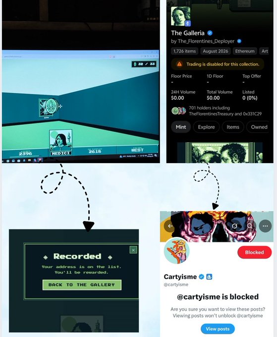A collage showing screenshots related to a NFT project: a The Sandbox game scene with avatars 'HEDICY', 'HEST', and a diamond NFT, the OpenSea page for 'The Galleria by The_Florentines_Deployer' (1,726 items, August 2026, $0.00 volume, 'Trading is disabled for this collection'), a 'Recorded - Your address is on the list. You'll be rewarded' message, and a Twitter profile showing '@cartyisme is blocked'.