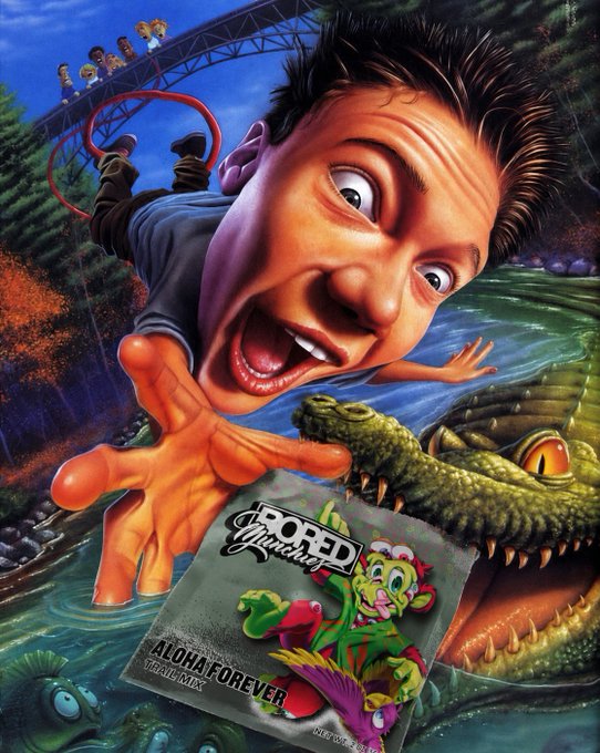 A surreal, caricatured illustration of a terrified man reaching toward a 'Bored Monkey' juice box labeled 'Aloha Forever Vital Mix' while being chased by a large crocodile.