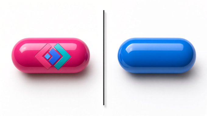 Two glossy, capsule-shaped pills are displayed side by side on a white background: a pink one on the left featuring a blue and teal geometric logo, and a plain blue one on the right.