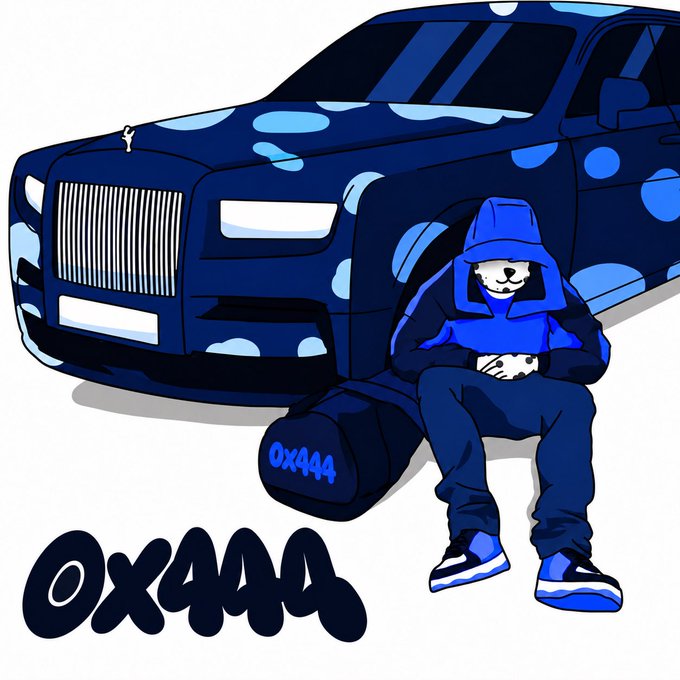 A cartoon illustration featuring a character in a blue hoodie and sneakers sitting next to a dark blue Rolls-Royce covered in blue spots, with a duffel bag labeled '0X444' and the text '0X444' at the bottom.