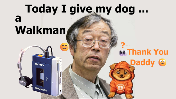 A meme-style image with the text 'Today I give my dog ... a Walkman' featuring an older man, a vintage blue Sony Walkman with headphones, and a cartoon dog in a hoodie saying 'Thank You Daddy'.