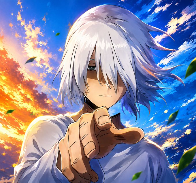 An anime-style illustration of a character with white hair and blue eyes, wearing a white shirt, reaching a hand forward against a vibrant blue sky with orange sunset clouds and green leaves.