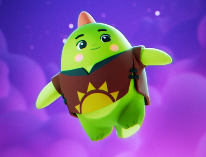A 3D-rendered green character wearing a brown vest with a sun emblem, floating against a purple cloudy background.