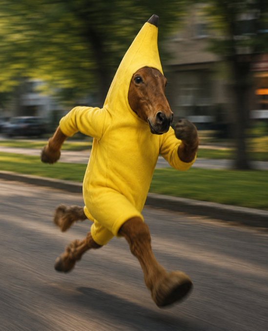 A surreal AI-generated image of a brown horse wearing a full-body yellow banana costume, captured mid-stride as it appears to run down a street.