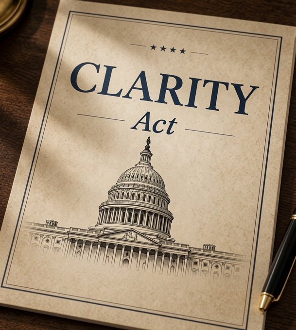 A vintage-style document titled "CLARITY Act" featuring an illustration of the U.S. Capitol building, displayed on a wooden desk alongside a pen, visually representing the announcement of the long-awaited crypto regulation bill that supposedly marks the start of a crypto bull market.