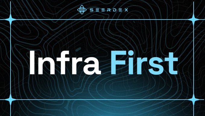 A promotional graphic for Seerdex Markets featuring the tagline "Infra First" in bold white and blue text, centered on a dark blue topographic-style background with the Seerdex logo at the top. The image reinforces the post's emphasis on prioritizing robust underlying infrastructure as the foundation for sustainable prediction market success, framing infrastructure as the critical first priority over user activity or revenue metrics.