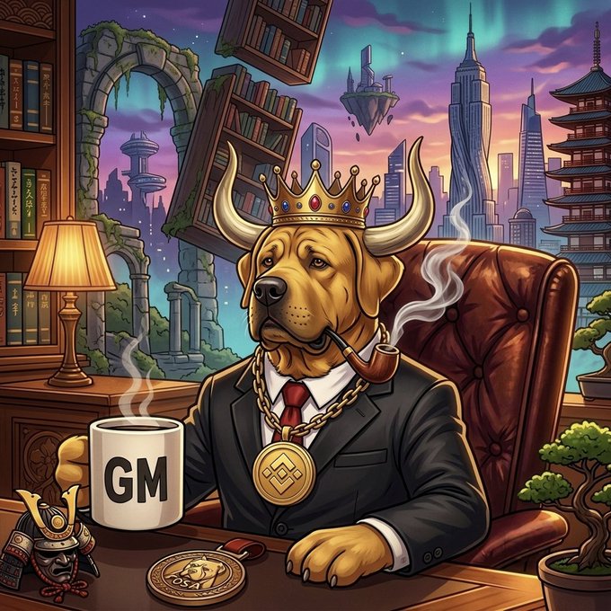 A digital illustration of an anthropomorphic golden retriever wearing a crown, suit, and a BNB medallion, smoking a pipe and holding a mug labeled 'GM', set against a fantasy cityscape with a samurai helmet and bonsai nearby.