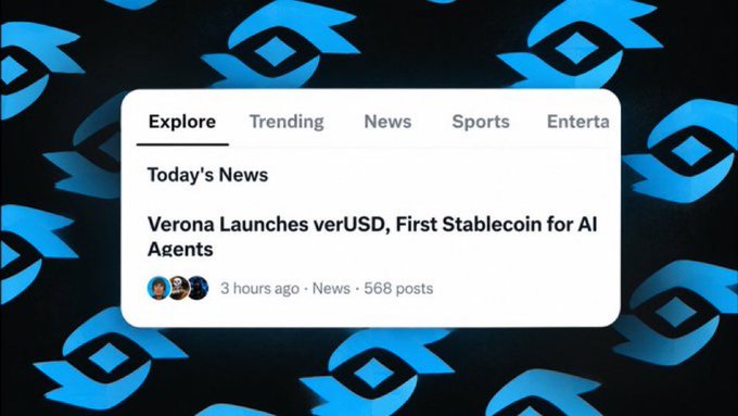 Screenshot showing an 'Explore' tab with a news item titled 'Verona Launches verUSD, First Stablecoin for AI Agents', posted 3 hours ago with 568 posts, set against a blue patterned background.