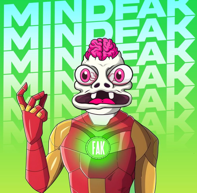 A digital cartoon illustration of a character with an exposed pink brain, wide eyes, and a red and gold suit featuring a glowing green 'FAK' emblem on the chest, set against a green background with repeating 'MINDFEAK' text.
