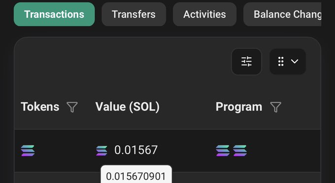 A dark-themed cryptocurrency transaction interface showing tabs for 'Transactions', 'Transfers', 'Activities', and 'Balance Change', with columns for 'Tokens', 'Value (SOL)', and 'Program'.