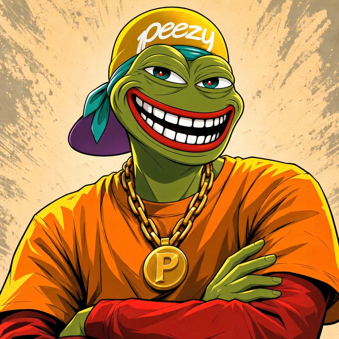 A cartoon-style illustration of Pepe the Frog wearing a yellow cap labeled 'peezy', an orange shirt, and a gold chain with a 'P' pendant.