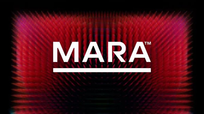 The image displays the "MARA" logo in bold white text with a TM symbol, set against a dark background featuring a dramatic, tunnel-like pattern of radiating red and pink light beams. This visual branding corresponds to MARA Holdings (formerly Marathon Digital), the Bitcoin mining company referenced in the accompanying post about their significant BTC sales and treasury holdings.