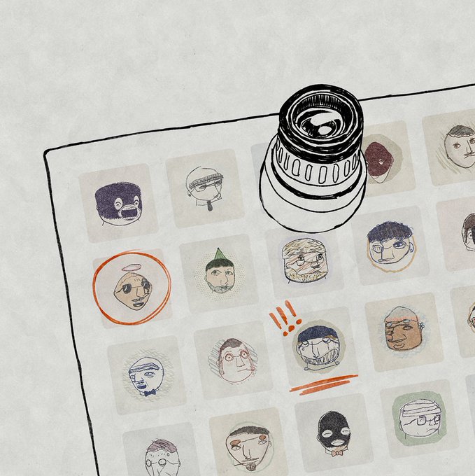 An illustration showing a camera lens looking down at a grid of various cartoon character portraits, with one circled in orange and exclamation marks nearby.
