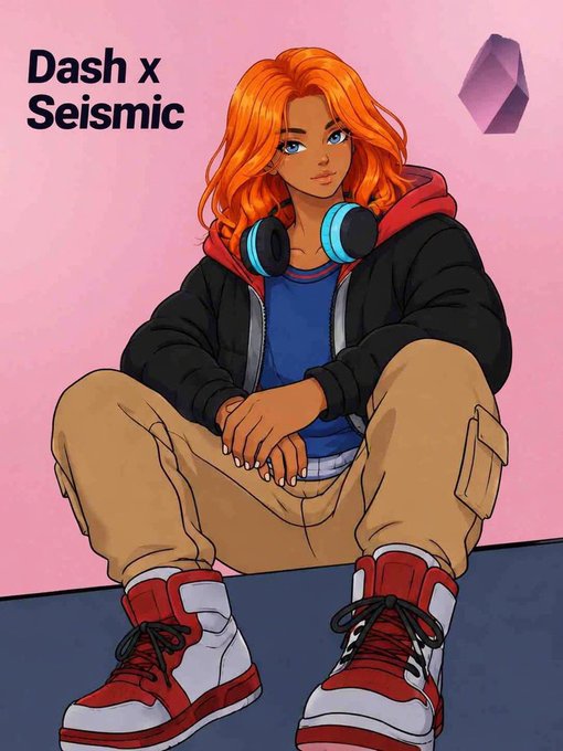 Illustration of a red-haired character with headphones around their neck, sitting casually in red sneakers and cargo pants, labeled 'Dash x Seismic' with a purple crystal floating nearby.