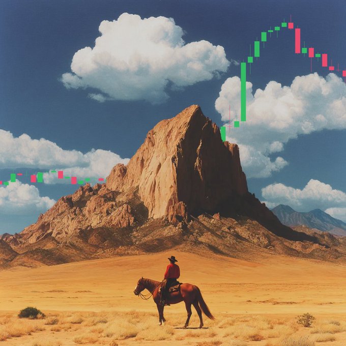 The image features a man riding a horse across a desert or mountain range, accompanied by an economic graph with different symbols indicating financial fluctuations. The background includes mountains, clouds, and sky elements, creating a picturesque setting for this unique visual representation of money management in the uncertain world depicted in the post.