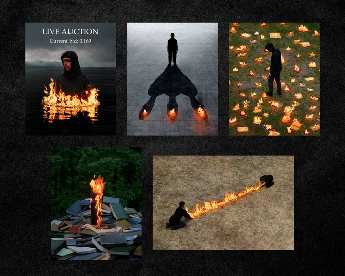 A collage of five surreal, darkly-themed images featuring figures interacting with fire, including one labeled 'LIVE AUCTION Current bid: 0.169'.