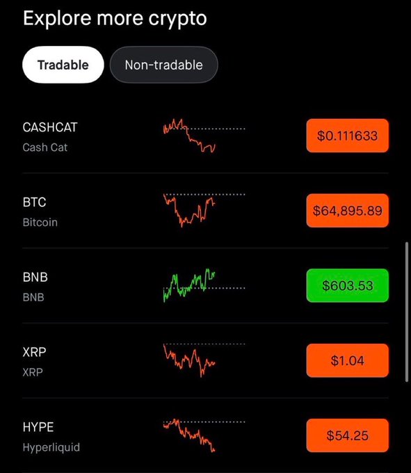 A mobile cryptocurrency tracking screen titled 'Explore more crypto' with Tradable/Non-tradable tabs, showing price tickers for CASHCAT ($0.111633), BTC ($64,895.89), BNB ($603.53), XRP ($1.04), and HYPE ($54.25) with corresponding price charts.
