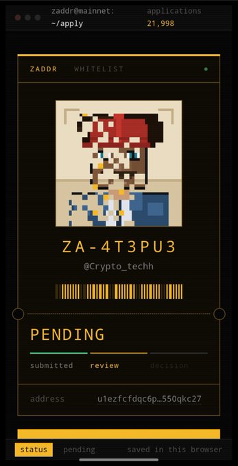 A dark mobile app interface showing a pixel-art Mario character as a whitelist application with the code 'ZA-4T3PU3', a barcode, and a 'PENDING' status bar on the 'zaddr' review screen.