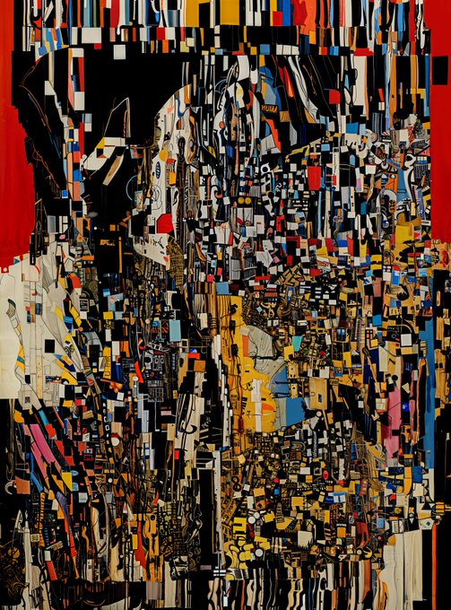 A vibrant abstract collage-style portrait artwork composed of fragmented, multicolored geometric shapes and patterns depicting a face in profile, set against a bright red background.