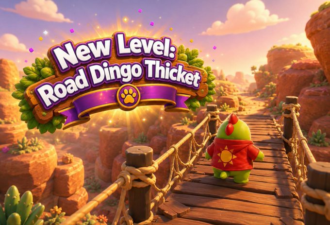 Identical video game promotional graphic to image 5, displaying 'New Level: Road Dingo Thicket' with the green character on the rope bridge.
