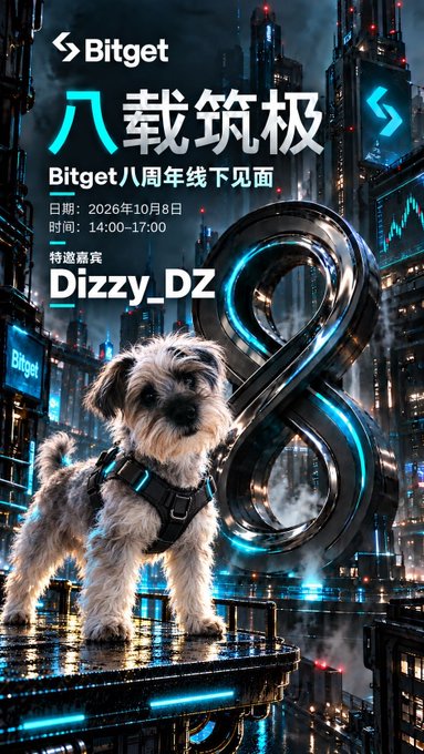 A Bitget promotional poster featuring a small dog in a harness against a futuristic cityscape, advertising '八載筑极 / Bitget 八周年线下见面' (Bitget 8th Anniversary Offline Meetup) on October 8, 2026, featuring special guest 'Dizzy_DZ'.