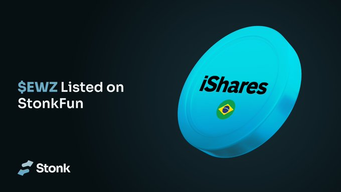 A promotional graphic announcing $EWZ (iShares MSCI Brazil ETF) listed on StonkFun, featuring a 3D blue coin with the iShares logo and a Brazilian flag.