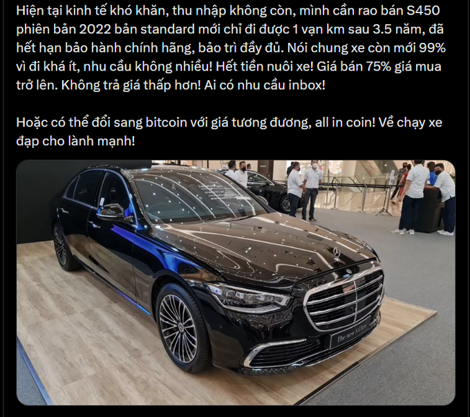 A Vietnamese social media post advertises a 2022 Mercedes-Benz S450 for sale, offering trade for Bitcoin, with text describing the vehicle as 99% new and priced at 75% of original.