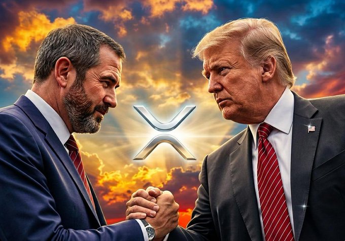 The image features two men wearing suits, one of whom has a beard and mustache, appearing as if they are shaking hands or fist bumping with each other. The background behind them displays clouds against an orange sky, indicating that it could be either sunrise or sunset. The image also includes text about XRP (XRPC) money and the Federal Reserve injecting $6B into the economy next week. There's a post on the social media platform where people are talking about XRP and the Fed's plans to inject funds into the economy, emphasizing its potential impact on the cryptocurrency market.