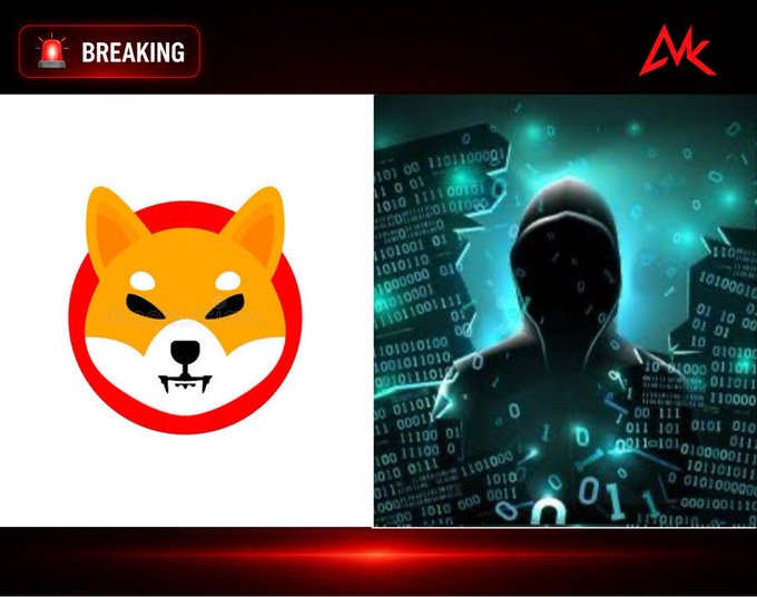 A news-style graphic with a 'BREAKING' banner featuring the Shiba Inu logo (associated with SHIB) next to a hooded figure surrounded by binary code.