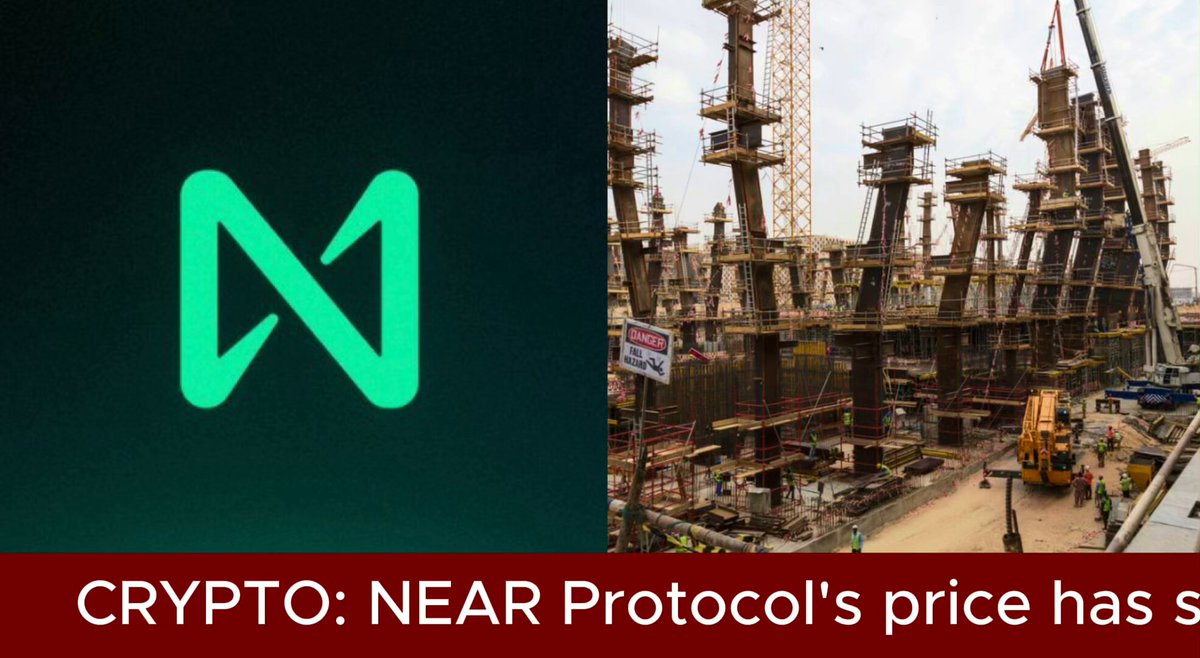 The image shows two different pictures of construction sites, one with a green logo that says "NEAR Protocol" and another with a crane. The first picture displays a building under construction, while the second picture features a crane lifting something off the ground. Both images are in black and white, but they convey the same message: the @NEARProtocol L1 is now in a development-focused stance after the last crypto cycle.