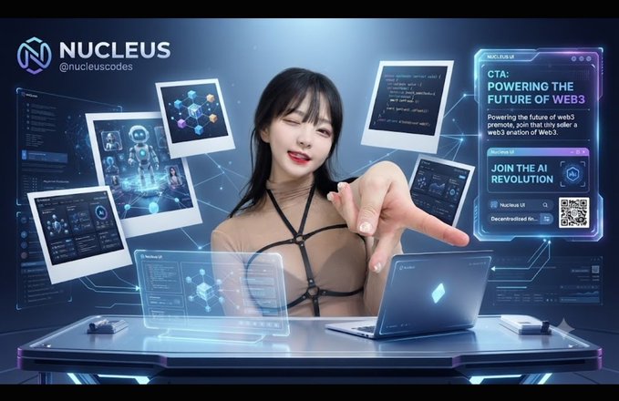 A promotional graphic for 'NUCLEUS' (@nucleuscodes) showing a young woman with dark hair interacting with futuristic holographic displays. The interface includes text reading 'CTA: POWERING THE FUTURE OF WEB3' and 'JOIN THE AI REVOLUTION', with a QR code visible.
