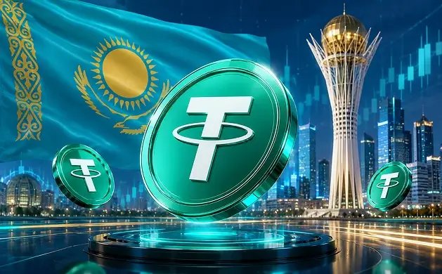 The picture displays large, glowing green Tether (USDT) coins prominently in the center, with the Kazakhstan flag and the iconic Bayterek Tower visible in the background alongside a modern cityscape, symbolizing Tether's newly signed Memorandum of Understanding with Kazakhstan to develop a national stablecoin and explore asset tokenization in Central Asia.