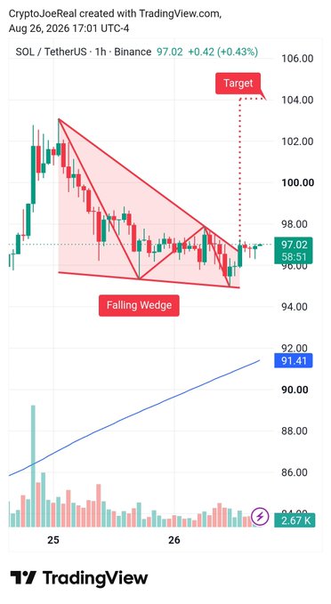 A TradingView chart of SOL/TetherUS on Binance (1h timeframe) from CryptoJoeReal, showing a 'Falling Wedge' pattern with a red triangle drawn on the price action and a target line pointing to approximately 104.09.