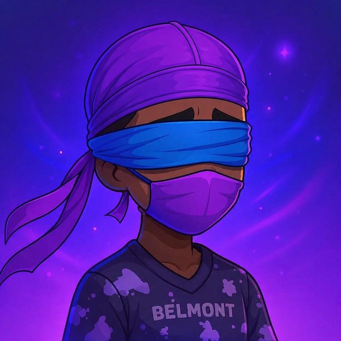 A digital illustration of a masked character wearing a purple bandana over their eyes, a purple face mask, and a dark shirt with "BELMONT" printed on it, set against a purple cosmic background. The artwork ties into the post's references to "moniggas" and themes of resilience and rebirth in a new era, with the masked figure symbolizing a mysterious, peaceful vigilante ready to confront challenges.