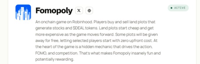 A token listing titled “Fomopoly” marked “ACTIVE,” describing an onchain Robinhox game where players trade land plots that generate stocks and $DEAL tokens.