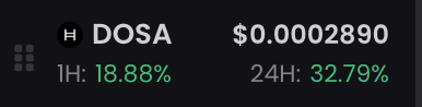 A dark-themed cryptocurrency price display showing 'HI-DOGE' at $0.00002890 with large green percentage gains of 18.88% over 1 hour and 32.79% over 24 hours.