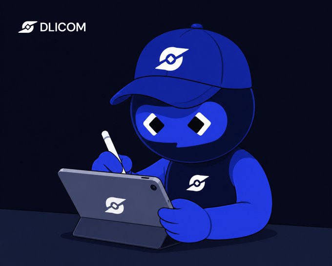 A blue cartoon mascot wearing a cap with a stylized "D" logo uses a stylus on a tablet branded with the same DLICOM symbol, with the "DLICOM" name and logo displayed in the top-left corner against a dark background. The illustration represents the project's mascot promoting the SocialFi platform, visually reinforcing the post's endorsement of Dlicom as an interesting project worth recommending.