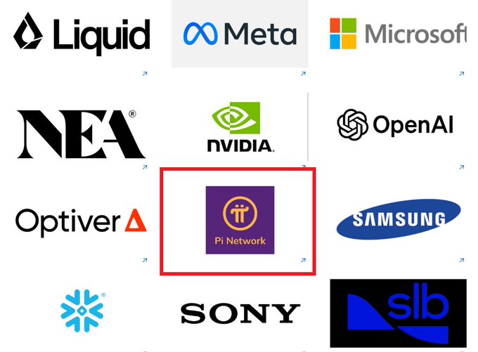 A grid of company logos including Liquid, Meta, Microsoft, NEA, NVIDIA, OpenAI, Optiver, Pi Network (highlighted in a red box), Samsung, SONY, and slb, along with a snowflake logo.