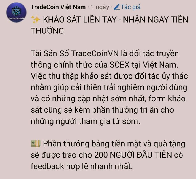A Vietnamese social media post from TradeCoin Việt Nam (author) announcing a survey with cash rewards for the first 200 participants to provide feedback.