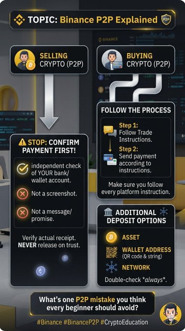 An infographic titled 'TOPIC: Binance P2P Explained' with sections for selling and buying crypto P2P, detailing payment confirmation steps and additional deposit options including asset, wallet address, and network.
