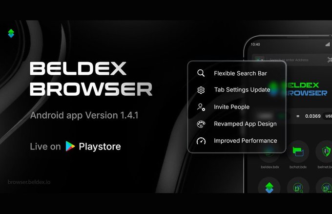 Promotional banner for 'BELDEX BROWSER' Android app Version 1.4.1, featuring a dark theme with highlighted features including 'Flexible Search Bar,' 'Tab Settings Update,' 'Invite People,' 'Revamped App Design,' and 'Improved Performance,' available 'Live on Playstore' at browser.beldex.io.